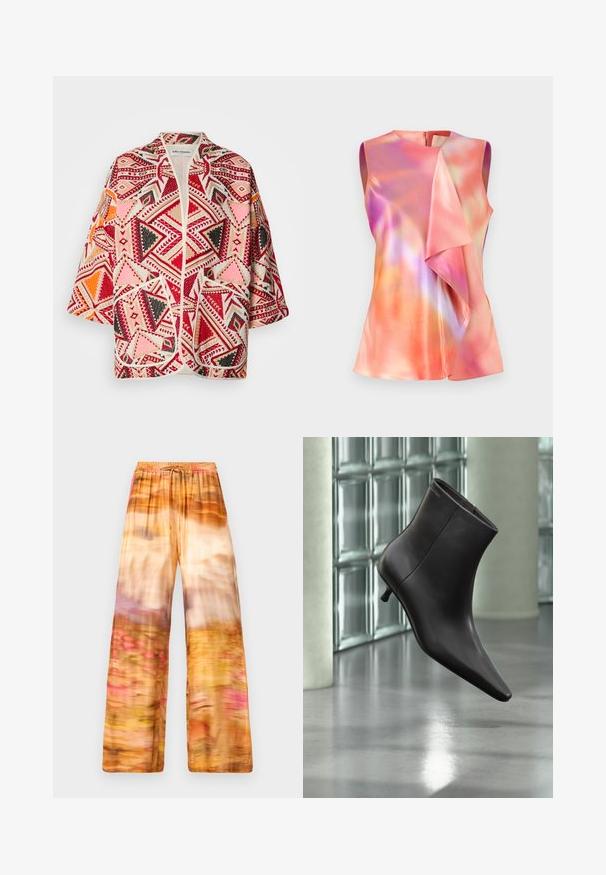 Chaqueta kimono de patrón geométrico multicolor con acentos en rojo, rosa, negro y naranja. Presenta mangas cortas y un diseño abierto por delante.; Top sin mangas en tejido de satén, con un colorido patrón abstracto de tonos rosas, naranjas y violetas, y un diseño frontal drapeado.; Pantalones de pierna ancha en tejido ligero con un patrón abstracto fluido en tonos cálidos de naranja, amarillo y rosa, con una cinturilla elástica.; Bota de cuero negro para el tobillo con puntera puntiaguda y tacón pequeño, exhibida frente a una pared de bloques de vidrio y un suelo pulido.