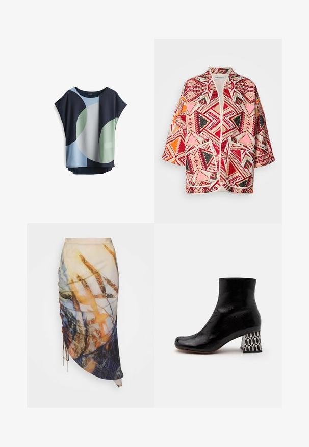 Multicolore geometrisch patroon kimono jacket met rode, roze, zwarte en oranje accenten. Heeft korte mouwen en een open voorkant ontwerp.; Korte mouwen blouse in marineblauw, lichtblauw en groen. Heeft abstracte cirkelpatronen en een relaxte pasvorm met een ronde halslijn.; Materiel DIAGONAL GATHERED SKIRT - Kokerrok - golden hour; Zwarte lakleren enkellaars met een vierkante neus en een opvallende hak met een zwart-wit geometrisch patroon.