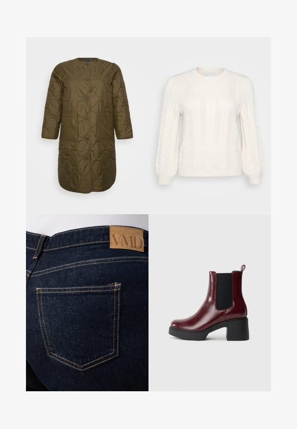Olivengrøn quiltet jakke med rund halsudskæring, knaplukning, to frontlommer og trekvartærmer. Glat tekstur og minimalistisk design.; Hvid kabelstrikket sweater med lange ærmer, rundt halsudskæring, struktureret mønster og ribbede manchetter. Letvægtsmateriale med dekorative detaljer.; Mørkeblå denimjeans med synlige orange syninger og en brun læderlap med mærket "VMD" over den bageste højre lomme.; Bordeaux læder ankelstøvle med elastiske sidepaneler, rund tå og en kraftig sort hæl, med en trækflap bagpå.