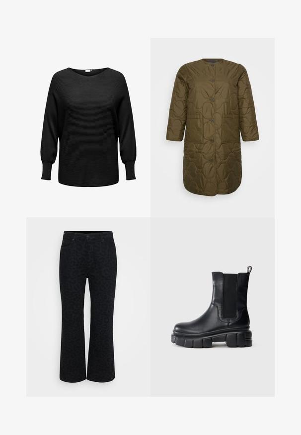 Manteau matelassé vert olive avec un col rond, fermeture à bouton, deux poches avant et manches trois-quarts. Texture lisse et design minimaliste.; Pull noir en tricot à texture côtelée, décolleté large et manches longues légèrement bouffantes. Fabriqué en tissu doux et extensible.; Jeans évasés en imprimé léopard noir avec cinq poches, fermeture à bouton, zip, et tissu texturé. Présente un motif animal subtil.; Botte Chelsea en cuir noir avec semelle chunky à crampons, panneaux latéraux élastiques et tirant à l'arrière sur fond blanc uni.