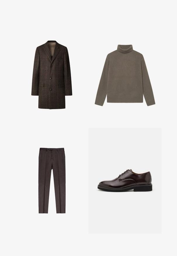 Manteau en laine à carreaux marron pour homme, avec des revers en pointe, trois boutons noirs et deux poches à rabat à l'avant, présenté sur un fond blanc.; Pull à col roulé côtelé en vert olive atténué, doté de manches longues et d'une coupe ajustée. Fabriqué en matériau tricoté doux et texturé.; Pantalons marron sur mesure en tissu texturé. Présente une coupe droite, des plis sur le devant et une fermeture à bouton à la taille.; Chaussure Oxford en cuir marron avec une finition brillante, bout rond, lacets, et une semelle en caoutchouc noir épaisse. Détail de couture sur le dessus.
