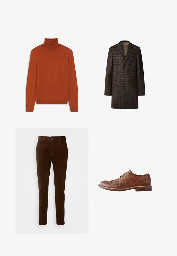 Männer brauner karierter Wollmantel mit Reverskragen, drei schwarzen Knöpfen und zwei Frontklapptaschen, auf weißem Hintergrund präsentiert.; Rostfarbener Rollkragenpullover aus weichem Material. Figurbetontes Design mit langen Ärmeln und geripptem Kragen sowie Saum. Glatte Textur im gesamten Pulli.; Braune Cordhosen mit einem geraden Bein, ausgestattet mit einem Knopfverschluss und einem dezenten vertikalen Rippmuster.; Brauner Leder-Herren-Wingtip-Oxford-Schuh mit Brogue-Details und gestapeltem Holzabsatz, seitlich auf weißem Hintergrund gezeigt.