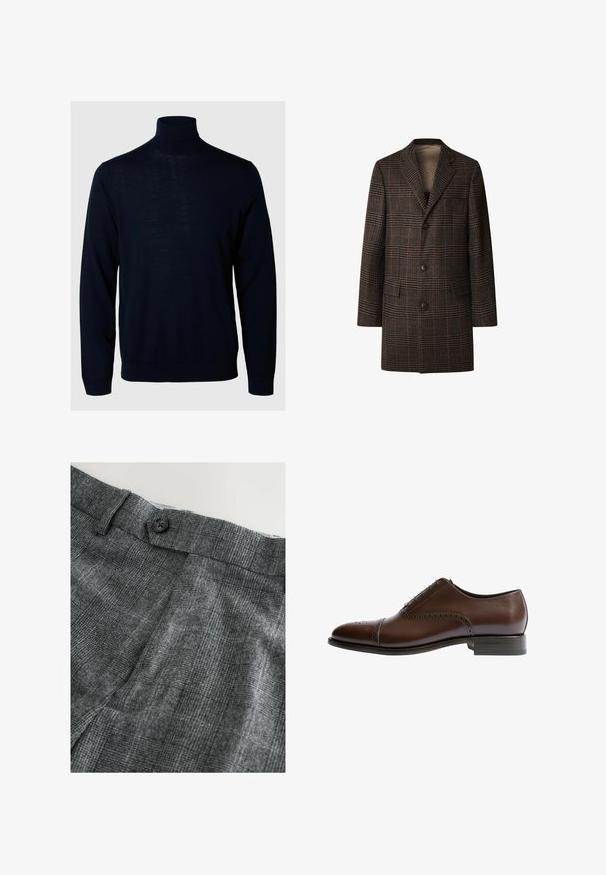 Mænds brun plaid uldfrakke med spidse revers, tre sorte knapper og to forreste klaplommer, vist på hvid baggrund.; Marineblå sweater med høj hals, lange ærmer, ribbede manchetter og kant, lavet af blødt stof med en glat tekstur og minimalistisk design.; Grå mønstrede bukser lavet af struktureret stof, med knaplukning og et subtilt ternet design i varierende nuancer af grå.; Brune lædersko med rund tå, dekorative perforeringer og en glat overflade. Har en lav hæl og seks snørehuller.