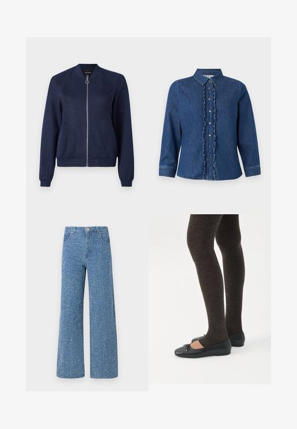 Marineblauwe bomberjack met een zilveren rits en ronde trekstrip, met ribgebreide manchetten en tailleband, tegen een effen witte achtergrond.; Denim overhemd met lange mouwen, donkerblauwe kleur, gerafelde voorkant, knoopsluiting en klassiek kraagontwerp.; Blauwe denim wijde pijpen jeans met een gespikkelde textuur, voorzien van een voorste knoopsluiting, ceintuurlussen en twee voorzakken.; Benen met donkere geribbelde leggings gecombineerd met zwarte ballerina's met kleine strikdetails op een witte achtergrond.
