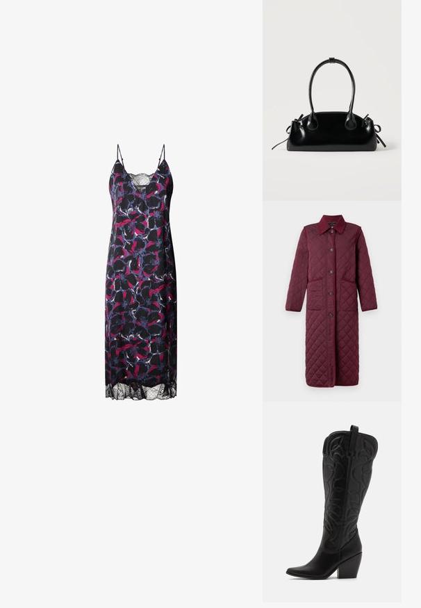 Vero Moda VMEMILY Quilted - Wintermantel - winetasting; Blumenkleid mit dunklem Hintergrund und lebhaften rosa und blauen Mustern, dünnen Trägern und einer Spitzenkante am unteren Ende.; Schwarze kniehohe Stiefel aus Leder mit spitz zulaufender Zehenpartie und gestapeltem Absatz. Verfügt über dekorative Nähte und geschwungene Designelemente.; Kleine schwarze glänzende Handtasche mit zwei langen Griffen und seitlichen Kordelzug-Details vor einfachem hellem Hintergrund.