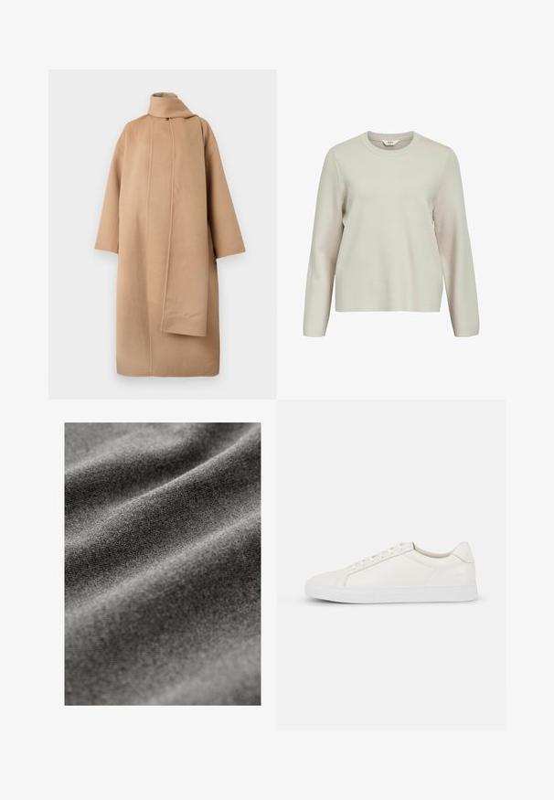 Kavová vlněná bunda s vysokým límcem, širokými rukávy a asymetrickým předním zapínáním. Hladká textura a minimalistický design.; Světle béžový svetr s dlouhým rukávem a kulatým výstřihem. Vyrobený z texturovaného pleteného materiálu, s mírně spadenými rameny a uvolněným střihem.; Šedá tkanina s měkkým, texturovaným povrchem, vykazující jemné vzory vytvořené mírnými sklady a záhyby.; Bílé kožené tenisky s hladkým povrchem, zaoblenou špičkou, šněrováním na přední straně a plochou gumovou podešví. Jednoduchý design bez vzorů nebo akcentů.