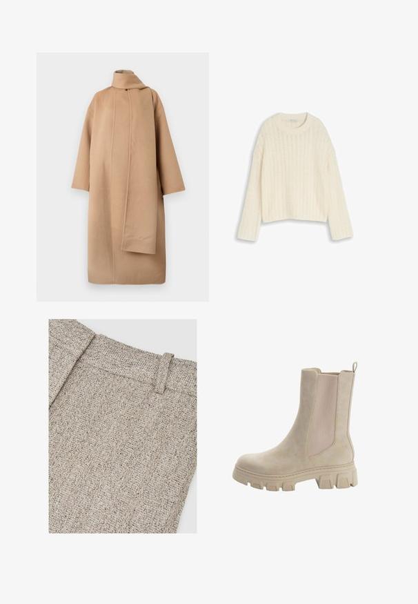 Tan uldfrakk med høj krave, brede ærmer og en asymmetrisk frontåbning. Glat tekstur og minimalistisk design.; Kremfarvet strikket sweater med lange ærmer og rund halsudskæring, med et struktureret, hulmønstret design.; Stof med fiskbenmønster i nuancer af beige og grå, med en struktureret talje og en detaljeret vævningstekstur.; Beige Chelsea støvler med en glat læderoverdel og elastiske sidepaneler. Tyk, robust gummisål med karakteristisk mønster og trækstrop.