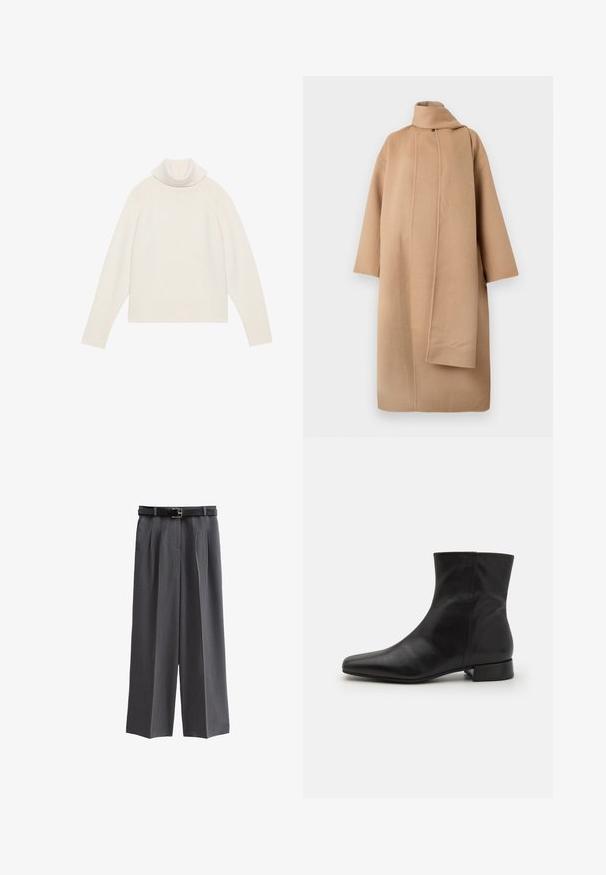 Tan uldfrakk med høj krave, brede ærmer og en asymmetrisk frontåbning. Glat tekstur og minimalistisk design.; Lyscreme turtleneck sweater med ribbet tekstur, raglanærmer og tætsiddende kant. Blødt materiale og afslappet silhuet.; Grå brede bukser lavet af struktureret stof, med et sort bælte med en kvadratisk spænde og frontfolder. Lomme med enkel design er inkluderet.; Sort læder ankelstøvle med spids tå, glat tekstur, minimalistisk design og en lav blokhæl. Sidelukning går op til anklen.