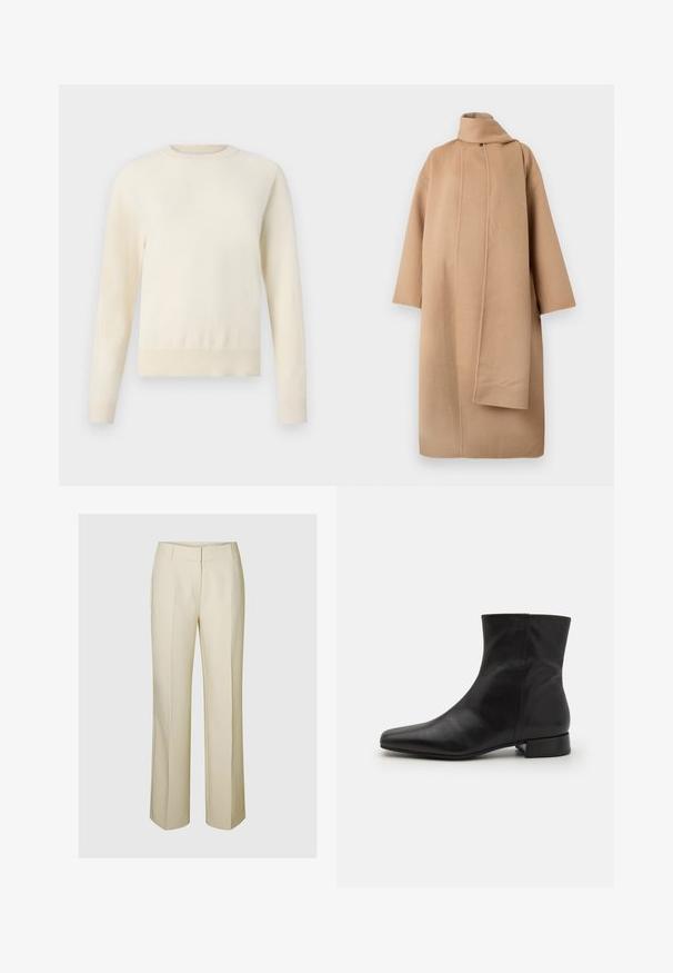 Tan uldfrakk med høj krave, brede ærmer og en asymmetrisk frontåbning. Glat tekstur og minimalistisk design.; Lys cremefarvet sweater med lange ærmer, rund halsudskæring og ribbenet kant. Lavet af et blødt materiale med en glat tekstur.; Beige vide ben bukser med skræddersyet design, der har en glat front, sidelommer og et blødt, struktureret stof.; Sort læder ankelstøvle med spids tå, glat tekstur, minimalistisk design og en lav blokhæl. Sidelukning går op til anklen.