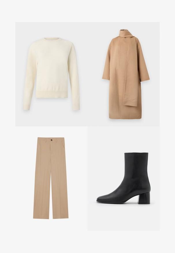 Tan uldfrakk med høj krave, brede ærmer og en asymmetrisk frontåbning. Glat tekstur og minimalistisk design.; Lys cremefarvet sweater med lange ærmer, rund halsudskæring og ribbenet kant. Lavet af et blødt materiale med en glat tekstur.; Beige brede bukser med en glat tekstur, der har to sidelommer, en frontlukning med knap og diskrete plisseringer for at tilføje detaljer.; Sorte læder ankelstøvler med spids tå og en kraftig firkantet hæl. Glat overflade med et sømløst design og minimalistisk syning.