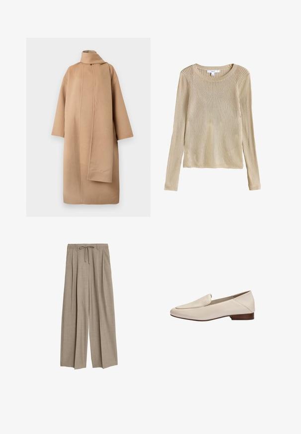 Tan uldfrakk med høj krave, brede ærmer og en asymmetrisk frontåbning. Glat tekstur og minimalistisk design.; Beige ribstrikket langærmet sweater med rund halsudskæring og slim fit, vist fladt med synligt mærke ved kraven.; Beige højtaljede bukser med en afslappet pasform, der har pletter og en snøre i taljen. Materialet ser ud til at være tekstureret og let.; Beige læderloafer med lavt træhæl og afrundet firkantet tå, sidevisning mod hvid baggrund.