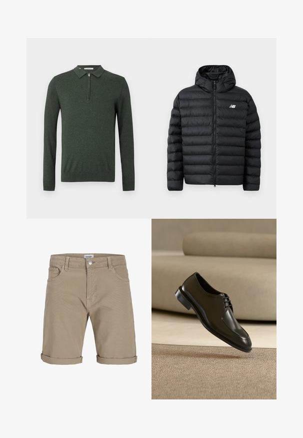 Musthave puffer-jakk mustaga kapuutsiga, millel on lukuga eesmine osa, tikitud tekstuur ja New Balance logo vasakul rinnal. Sile ja kerge materjal.; Tume roheline pika varrukaga polo sviiter, millel on veerandi lukuga ja soonikkääred ning -äär, esitatud heledal taustal.; Khakivärvi teksalühikesed püksid esitaskute ja tagataskutega, vööaasade, üles keeratud säärte ja metallnööbiga vöökohal.; Mustast nahast kingaga kinnise paelaga hõljub beežikat vaipa kohal, taustal on udune beež diivan.