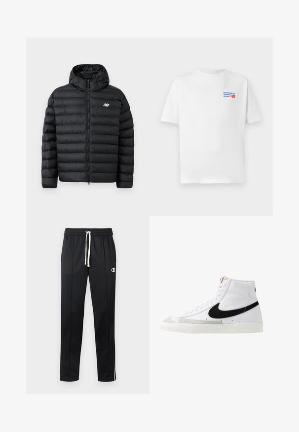 Sort forlængelsesjakke med hætte, med lynlås foran, quilted struktur og New Balance-logo på venstre bryst. Glat, let materiale.; Hvid bomulds T-shirt med korte ærmer, dekoreret med et blåt og rødt logo på venstre brystområde. Klassisk halsudskæring, afslappet pasform, glat tekstur.; Sorte atletiske bukser med hvid snor, sidelister, frontlommer og et lille hvidt Champion-logo på venstre lår.; Hvide høje sneakers med et sort swoosh, struktureret grå tåhætte og flad hvid sål. Har seks snørrehuller og syede detaljer.