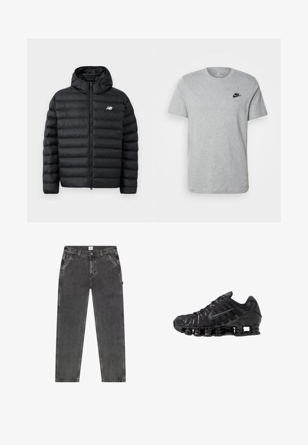 Sort forlængelsesjakke med hætte, med lynlås foran, quilted struktur og New Balance-logo på venstre bryst. Glat, let materiale.; Grå kortærmet T-shirt i bomuld med et sort Nike-logo på brystet og rund halsudskæring. Minimalistisk design uden mønstre.; Sortvaskede jeans med lige ben, forlommer, bæltestropper og knaplukning, mærket Lee ved linningen.; Sorte atletikskoser lavet af mesh og syntetiske materialer, med et karakteristisk bølget design, sort gummisål og reflekterende detaljer.