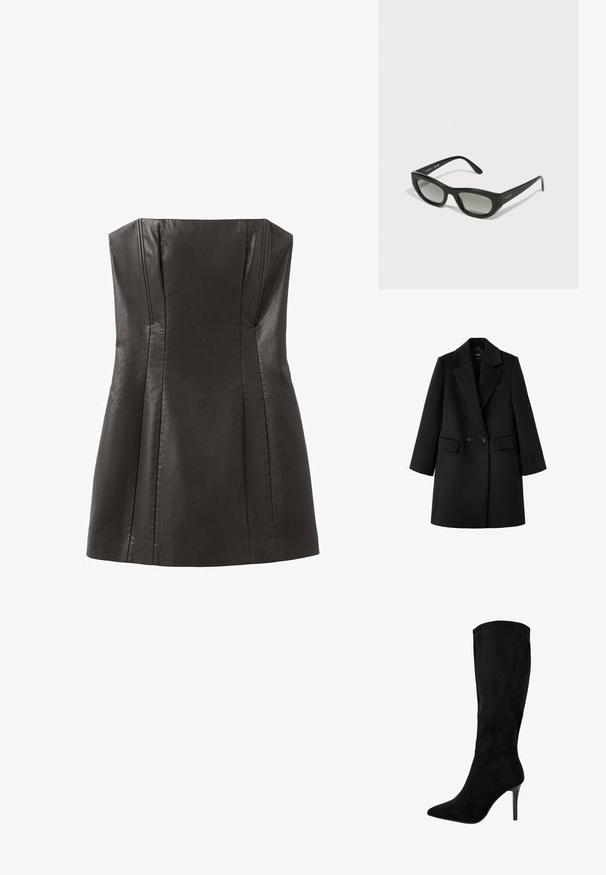 Sort dobbeltbrystet uldfrakke med brede slag, to forlommer med klapper og lange ærmer, vist på hvid baggrund.; Sort læder stroppløs kjole med en tætsiddende krop, plisseringer og en glat tekstur. Har en lige halsudskæring og en udvidet bund.; Sort ruskind knæhøj støvle med spids tå og stilettohæl. Glat tekstur, strømlinet design, ingen synlige metaldele eller accenter.; Sorte solbriller med en slank, rektangulær ramme. Udstyret med mørke gradientlinser og guld "vogue" branding på stængerne.