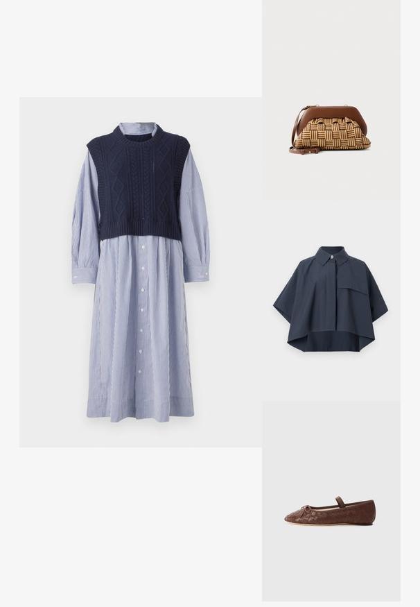 Marineblauw cropped shirt met een button-down kraag, korte mouwen en een borstzak. Gemaakt van lichtgewicht stof met een relaxte pasvorm.; Marineblauwe kabelbrei-vest gelaagd over een blauw-wit gestreepte blousejurk. Beschikt over lange mouwen en een licht uitlopende zoom.; Bruine geweven leren balletschoenen met een ronde neus, kleine strikaccent en een elastische band om de enkel voor een veilige pasvorm.; Kleine handtas met een bovenste deel van bruin leer en een onderste deel met een geweven patroon in tan en bruin, voorzien van een afneembare leren riem.