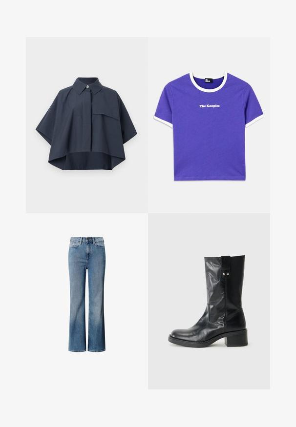 Marineblauw cropped shirt met een button-down kraag, korte mouwen en een borstzak. Gemaakt van lichtgewicht stof met een relaxte pasvorm.; Paarse katoenen t-shirt met een witte ribbelachtige halslijn en mouwzoom, met het logo "The Kooples" in het wit gedrukt op de voorkant.; Blauwe denim jeans met een hoge taille, wijd uitlopend ontwerp en een vervaagde wassing. Heeft een klassieke vijf-pocket stijl en een sluiting met een knoop aan de voorkant.; Zwarte leren enkellaars met een ronde neus, een bescheiden gestapelde hak en een decoratieve zijtab. Het materiaal heeft een strakke, gepolijste afwerking.