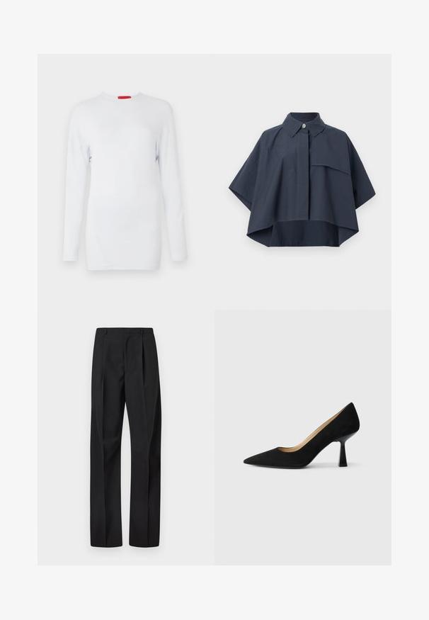 Camisa corta azul marino con cuello abotonado, mangas cortas y un bolsillo frontal. Hecha de tela ligera con una silueta relajada.; Top blanco de manga larga hecho de una tela suave, con cuello redondo y detalles de costura diagonal para un aspecto texturizado. Etiqueta de la marca en rojo.; Pantalones de vestir negros de talle alto con pinzas, trabillas para cinturón y corte de pernera recta sobre un fondo blanco.; Zapato de tacón alto de ante negro con punta afilada, que cuenta con un tacón de bloque negro brillante y un forro interior suave.