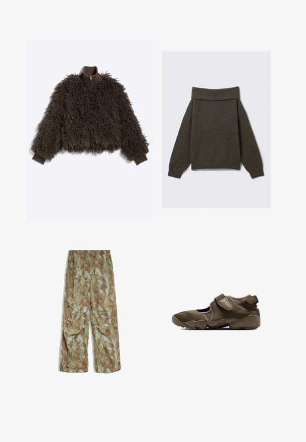 Dark brown fluffy faux fur jacket with long sleeves, ribbed cuffs, and a half-zip high collar, laid flat on a light background.; Brown off-shoulder sweater made of soft fabric. Features long sleeves and a loose fit. Texture appears smooth and slightly stretchy.; Loose-fit cargo pants with green, brown, and gray camouflage pattern, elastic waistband, side pockets, and adjustable cuffs.; Brown athletic slip-on shoe with adjustable strap, cutout sides, and cushioned sole marked with "AIR" on the midsole.