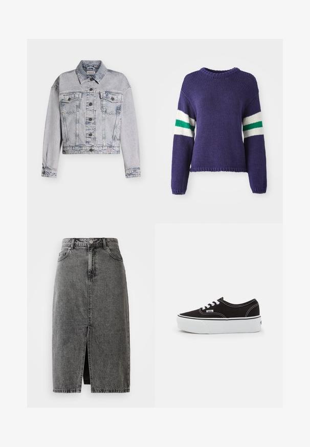 Lysvasket denimjakke med knaplukning foran, to brystlommer med klap, krave, lange ærmer og et lille trekantet mærkelogo nær kanten.; Lilla strikket sweater med rund halsudskæring og lange ærmer, med hvide og grønne striber på de øverste ærmer og en kortet kant.; Højtaljet, falmet sort denim midi-nederdel med en frontslids, bæltesløjfer og klassisk fem-lomme design.; Sort lærred sneakers med en hvid gummi platform sål, der har hvide snørebånd og syninger, ikonisk branding på siden, lav-top design.