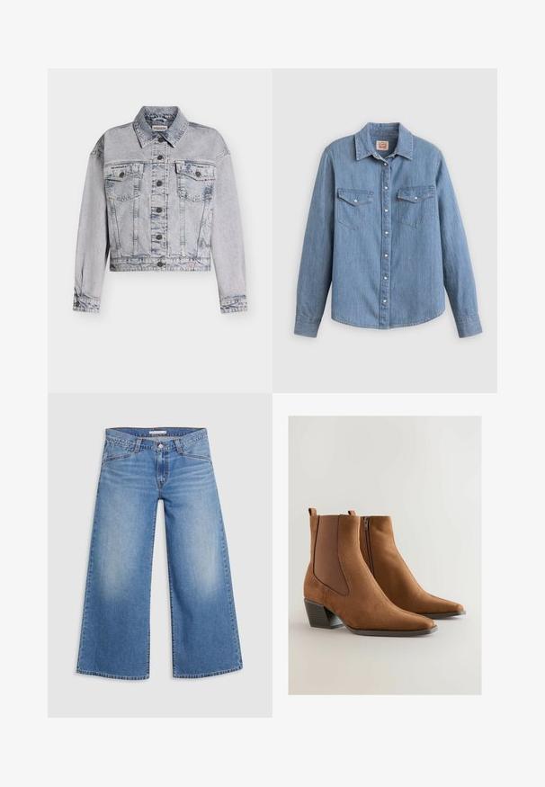 Lysvasket denimjakke med knaplukning foran, to brystlommer med klap, krave, lange ærmer og et lille trekantet mærkelogo nær kanten.; Lyseblå denimskjorte med lange ærmer, knapper foran, to brystlommer og klassisk krave. Glat tekstur og afslappet pasform.; Lysblå vidde jeans lavet af denim, med høj talje, klassisk fem-lomme design og subtile falmning langs benene.; Brune ruskind ankelstøvler med spids tå, elastiske sidestykker og en lav stablet hæl. Har en lynlås på den ene side.