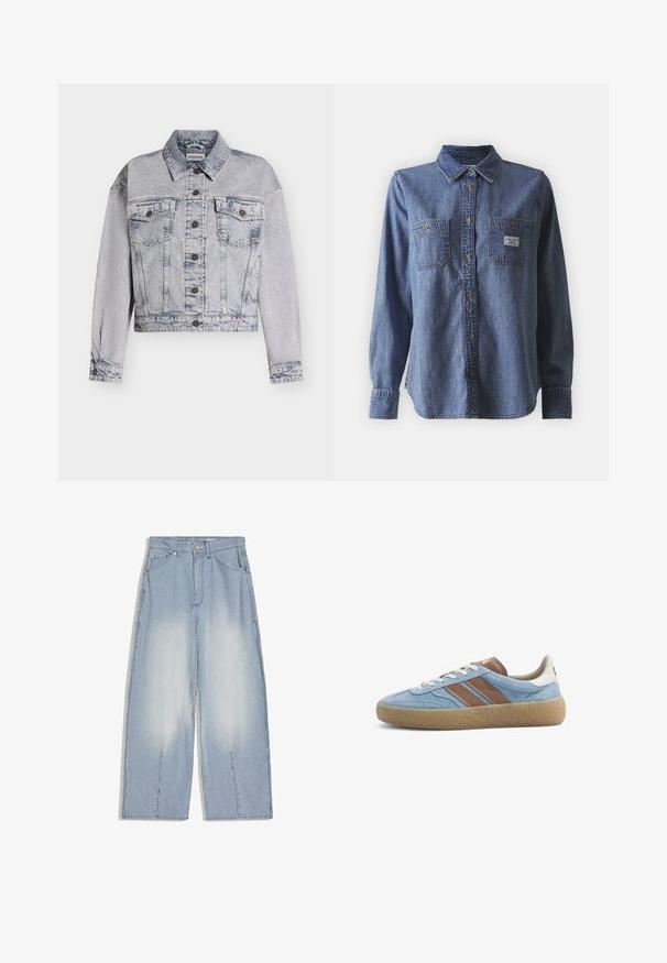 Veste en jean délavée claire avec fermeture à boutons devant, deux poches poitrine à rabat, col, manches longues et petit logo triangulaire de la marque près de l'ourlet.; Chemise en denim bleu à manches longues avec un col boutonné, deux poches poitrine, coupe classique et texture subtile. Étiquette sur la poche gauche.; Pantalon à jambes larges à rayures verticales bleu clair et blanc avec poches avant et fermeture à boutons.; Basket basse avec tige en daim bleu clair, bandes latérales en cuir marron, lacets blancs, coque de talon blanche et semelle en caoutchouc beige texturée.