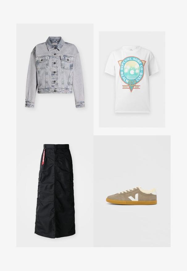 Lichtgewassen spijkerjack met knopen aan de voorkant, twee borstflapzakken, kraag, lange mouwen en een klein driehoekig merklogo vlakbij de zoom.; Wit T-shirt met korte mouwen en kleurrijk "Ripcurl Surf Co Beach Club" logo met palmbomen, zon, vogels en de tekst "Surf & Sun Since 1969".; Zwarte lange rok met een voorkant met knopen en rits, zij cargo zakken en een rode 'Remove Before Flight' stoffen label op de tailleband.; Lichtbruine suède sneaker met wit "V"-logo, crèmekleurige bontvoering, witte veters en een buitenzool van gumrubber, zijaanzicht.