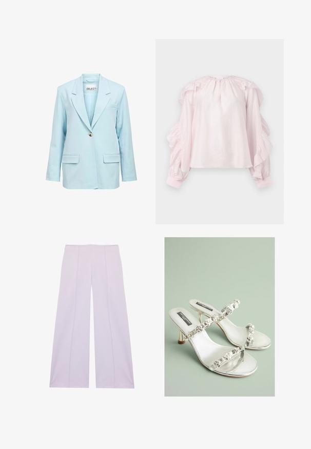 Hellblauer Ein-Knopf-Blazer mit Kerbkragen, zwei vorderen Pattentaschen und einer Brustleistentasche, Vorderansicht.; Rosa Bluse mit Rüschenschößchen und gerafftem Ausschnitt. Hergestellt aus leichtem Stoff, hat sie elastische Bündchen und eine lockere Passform.; Helle Lavendelweite Hosen mit hoher Taille und sichtbaren vertikalen Nähten vorne und an den Beinen.; Silberne Sandalen mit klaren Riemen und floralem Schmuck. Sie haben ein elegantes Design und eine glänzende Oberfläche, die sich für formelle Anlässe eignet.