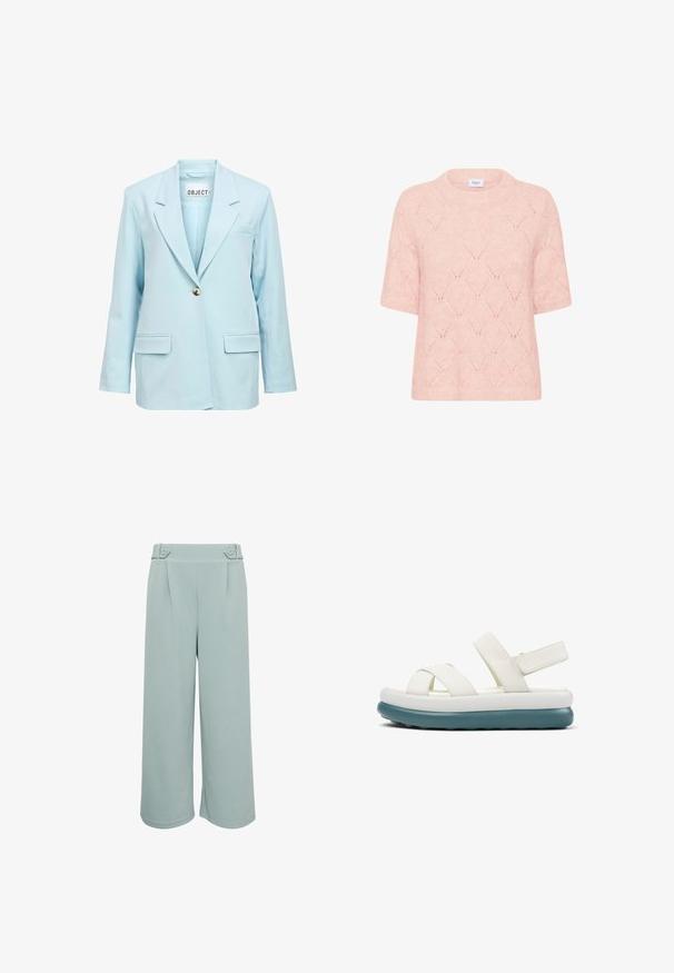 Hellblauer Ein-Knopf-Blazer mit Kerbkragen, zwei vorderen Pattentaschen und einer Brustleistentasche, Vorderansicht.; Weiches rosa kurzärmeliges Sweatshirt mit Rautenmuster und geripptem Rundhalsausschnitt sowie Saum.; Hellblaue, weit geschnittene Hosen mit glatter Textur, ausgestattet mit zwei Vorderfalten und dekorativen Knopfakzenten am Bund.; Weiße Ledersandalen mit gekreuztem Riemendesign, verstellbarem Knöchelriemen und einer dicken türkisfarbenen Sohle. Glatte Textur mit minimalen Nahtdetails.