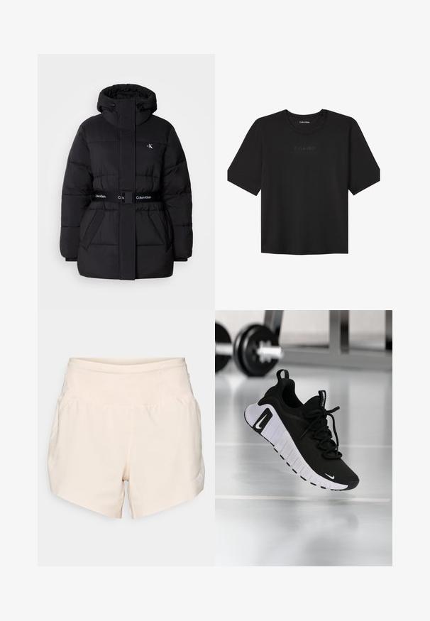 Zwarte donsjack met hoge kraag en verstelbare capuchon, getailleerde taille, ceinture ontwerp en logo-detail op de riem en borst zakken.; Zwart T-shirt met korte mouwen en ronde hals, met een subtiel verhoogd "Calvin Klein"-logo in het midden van de borst.; Beige sportshorts met een brede elastische tailleband en een klein logo op het rechteronderbeen tegen een effen achtergrond.; Zwarte sportschoen met een textuurstof bovenwerk, witte zool en een opvallend vetersysteem. Voorzien van een Nike-logo en een zacht, gedempt ontwerp.