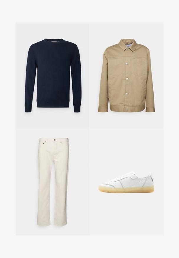 Won Hundred HAROLD - Let jakke / Sommerjakker - camel; Mørk marineblå langærmet sweater med rund hals, ribstrikkede manchetter og kant på en ensfarvet lys baggrund.; WOOD WOOD RIGID - Jeans Relaxed Fit - off white; Hvid lavtop læder sneaker med beige gennemsigtig sål, snørelukning foran og minimal syning, vist fra siden mod en ensfarvet baggrund.