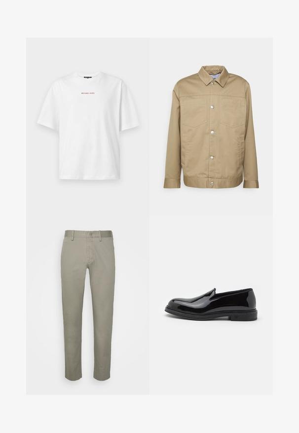 Won Hundred HAROLD - Lichte jas - camel; Wit T-shirt met korte mouwen en ronde hals, met kleine rode "MICHAEL KORS" tekst gecentreerd op de borst.; Lichtgrijze khaki broek met een slim fit ontwerp, voorzien van een vlakke voorkant, standaardzakken en een soepele stoftextuur.; Zwarte gepolijste leren instapschoen met een ronde neus, met een gestructureerde zool en subtiele branding op de hak. Glad oppervlak.
