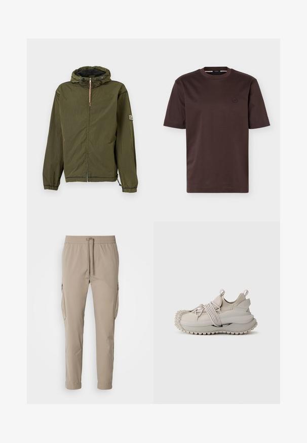 Leichte olivgrüne Kapuzenjacke mit Frontreißverschluss, verstellbaren Kordelzügen an Kapuze und Saum, elastischen Bündchen und einem kleinen Aufnäher am linken Ärmel.; Dunkelbraunes, kurzärmliges Baumwoll-T-Shirt mit Rundhalsausschnitt und kleinem, gesticktem, rundem Logo auf der linken Brustseite.; Beige Cargo-Hosen mit elastischem Bund und Kordelzug. Sie verfügen über Seitentaschen und ein schmal zulaufendes Bein, gefertigt aus leichtem Stoff.; Hellgraue Sneakers mit einer strukturierten Sohle, elastischen Riemen und gepolstertem Knöchel. Entworfen mit einer runden Zehe und minimalistischer Silhouette.