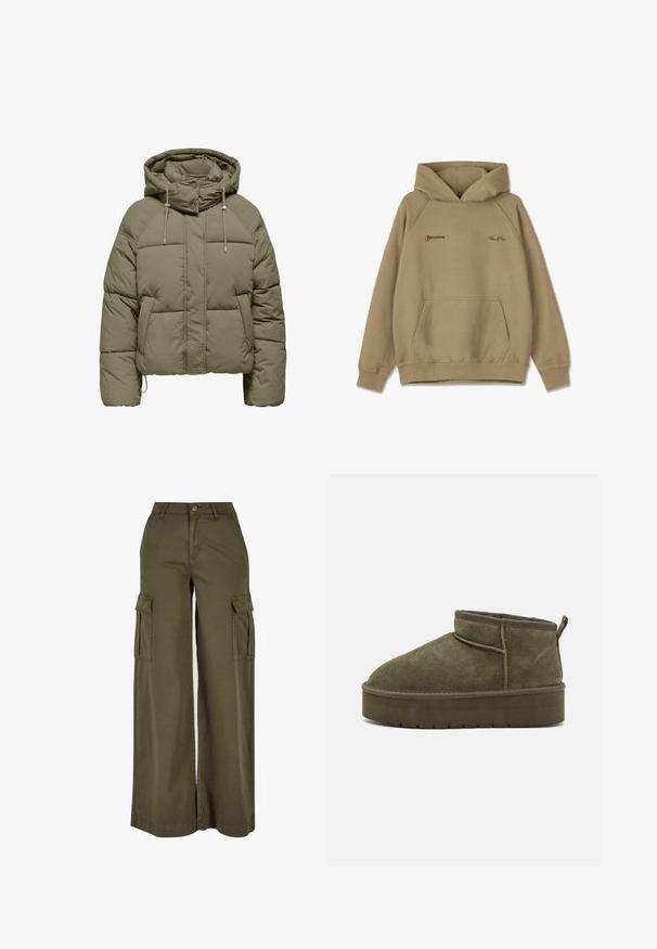 Oliven grøn pufferjakke med hætte, frontknapper, snoretræk og to frontlommer, designet til koldt vejr.; Beige hættebluse i fleece materiale, med en frontlomme, ribbede mansjetter og broderede logoer på brystet.; Olivengrønne bredde cargo bukser med to sidelommer, lavet af et blødt, holdbart stof. Har detaljeret syning og en knaplukning.; Olivengrøn ruskind ankelstøvler med rund tå, syninger og en tykkere sål med struktureret mønster. Lille trækflap bagpå.