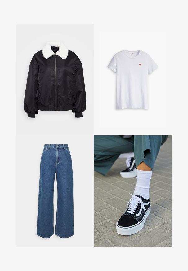 Veste bomber noire avec un col en fausse fourrure blanche, fermeture éclair, et poignets et ourlet élastiques. Tissu lisse et brillant avec une coupe décontractée.; T-shirt en coton blanc à manches courtes et col rond. Présente un petit logo rouge Levi's sur la partie gauche de la poitrine.; Pantalons en denim bleu à jambes larges avec taille haute, couture contrastée et poches latérales, présentant un design classique à cinq poches et des ourlets bruts.; Baskets en suède noir avec des accents et des lacets blancs, présentant une épaisse semelle blanche et des coutures contrastantes, associées à une chaussette blanche.