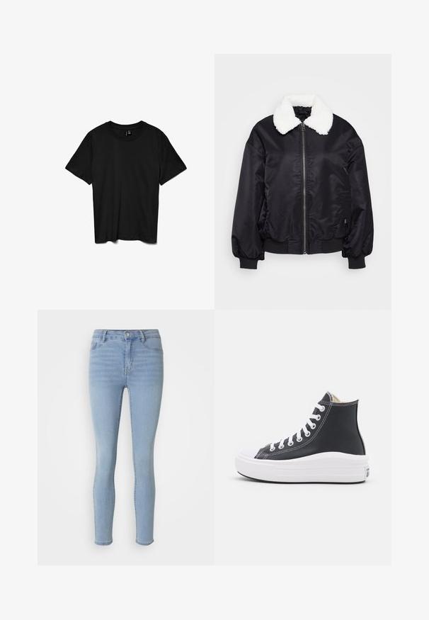 Chaqueta bomber negra con un cuello de piel sintética blanca, cierre de cremallera y puños y dobladillo elásticos. Tejido suave y brillante con un corte holgado.; Camiseta negra de manga corta con cuello redondo, diseño liso, mostrada extendida sobre un fondo blanco.; Jeans ajustados de color azul claro hechos de mezclilla, con una cintura de altura media, diseño de cinco bolsillos y un ligero desgaste a lo largo de las piernas.; Zapatilla alta negra con cordones blancos y suela de goma. Presenta una textura de cuero suave y detalles de costura blanca.