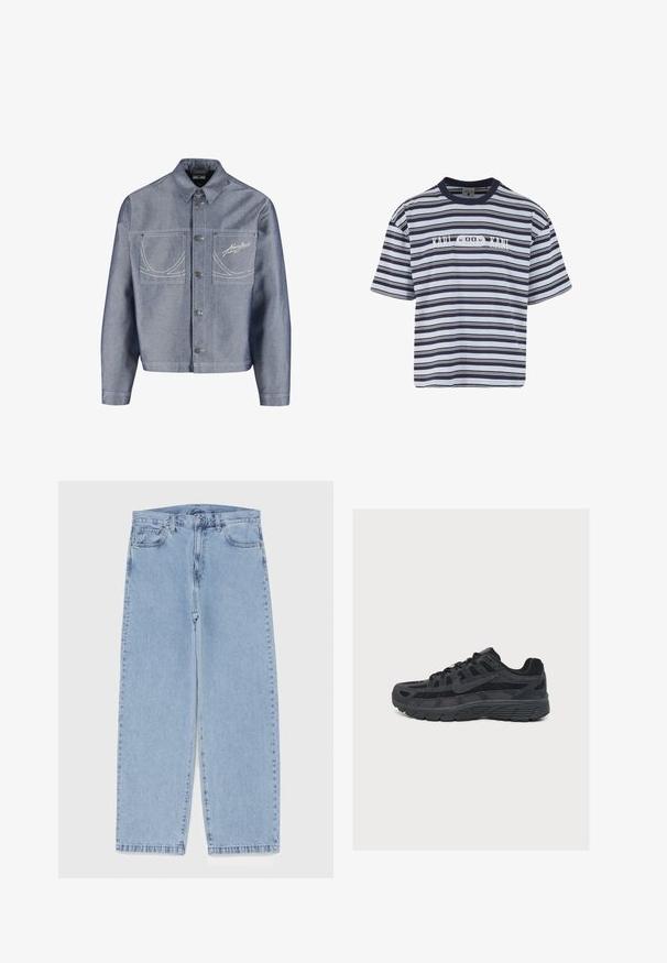 Lichtblauwe spijkerjasje met knoopsluiting aan de voorkant, twee borstzakken, witte stikdetails en "Kang Jeans" geborduurd op de rechterzak.; Blauw-wit horizontaal gestreept T-shirt met korte mouwen, met een marineblauwe kraag en "Karl Kani" geborduurd over de borst.; Lichtblauwe denim jeans met een recht model, voorzien van een middelhoge taille, vijf zakken en een knoop- en ritssluiting.; Zwarte Nike hardloopschoen met gelaagd mesh en suède bovenwerk, gedetailleerde zool en zichtbare Nike Swoosh aan de zijkant.