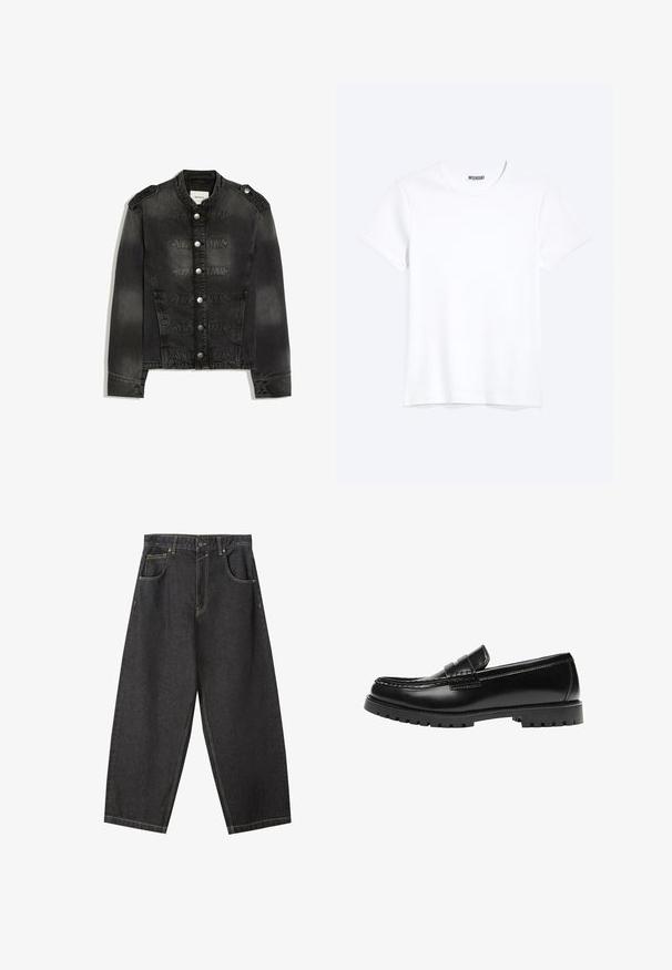 Schwarze Jeansjacke mit hohem Kragen, silbernen Knöpfen vorne, Schulterklappen und dekorativen gesteppte Bändern über der Brust.; Schlichtes weißes T-Shirt mit kurzen Ärmeln und Rundhalsausschnitt mit gut sichtbarem WEEKDAY-Label am Kragen, dargestellt auf hellem Hintergrund.; Schwarze Denim-Hosen im Weitbein-Design mit gelben Nähten, fünf Taschen und einem mittelhohen Bund. Texturiertes Material mit glatter Oberfläche.; Schwarzer Leder-Slipper mit dicker Gummisohle und klassischem Penny-Detail an der Riemen, von der Außenseite gezeigt.