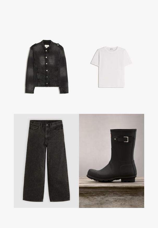 Sort denimjakke med høj krave, sølvknapper foran, skulderbeslag og dekorative syede bånd over brystet.; Hvid bomuld T-shirt med rund halsudskæring og korte ærmer. Har en klassisk, firkantet form uden synlige mønstre eller detaljer.; Sorte vidde jeans med frontknap og lynlås, bæltestropper og fem lommer, lagt fladt på en hvid baggrund.; Sorte gummistøvler med lav hæl, rund tå og en sølv spændeaccent. Har en tekstureret sål for godt fodfæste.
