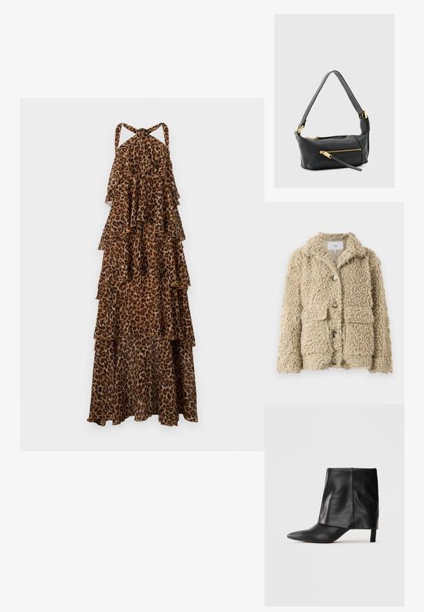 Fuzzy beige jakke lavet af krøllet tekstureret stof, med krave, frontknapper og to påsyede lommer.; Leopardprint, lagdelt maxi-kjole med halterneck stropper og lagdelt, flydende stof.; Sort læderstøvle til midten af læggen med spids tå, foldet øvre skaft og slank lav hæl, der står på hvid baggrund.; Sort skuldertaske i læder med to lommer med lynlås, gyldne hardware-detaljer og en bred, justerbar rem. Glat tekstur og rektangulær form.