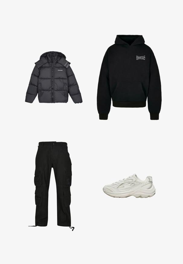 Schwarze Pufferjacke mit Kapuze, ausgestattet mit einem Reißverschluss vorne, zwei seitlichen Taschen und einem kleinen Logo auf der Brust. Strukturiertes, gestepptes Design.; Schwarzer Kapuzenpullover aus weichem Material, mit einer Fronttasche, gerippten Bündchen und einem kleinen weißen Logo auf der Brust.; Schwarze Cargo-Hosen aus strapazierfähigem Material, mit mehreren Seitentaschen, lässiger Passform und verstellbaren Fußgelenkriemen.; Weißer Sneaker mit strukturiertem Obermaterial und klobiger Sohle. Merkmale sind geschwungene Linien, dezente graue Akzente und ein Schnürdesign.