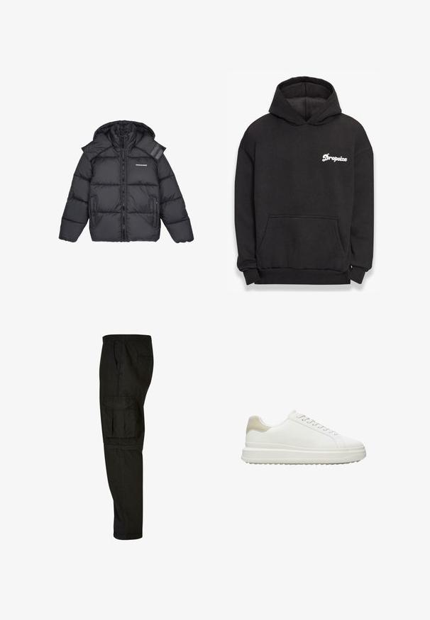 Doudoune noire avec capuche, dotée d'une fermeture éclair à l'avant, de deux poches latérales et d'un petit logo sur la poitrine. Design texturé et matelassé.; Sweatshirt à capuche noire en matériau doux. Poche avant, poignets côtelés et logo blanc "Dropsize" sur la poitrine gauche.; Pantalons cargo noirs avec une coupe décontractée, une taille élastique, des poches latérales et une grande poche cargo sur la cuisse. Tissu doux et léger.; Baskets blanches en cuir lisse avec un accent beige texturé au talon, dotées de lacets ronds, d'un design profil bas et d'une semelle extérieure en caoutchouc.