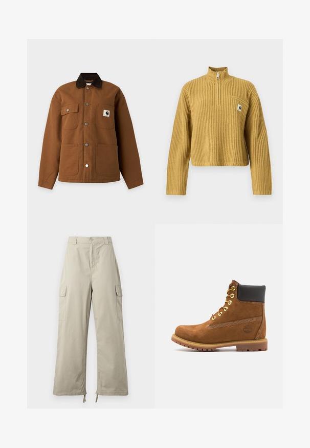 Brun jakke med knapper, mørkraver, fire forlommer og et Carhartt-logo på den øverste højre brystlomme.; Sennepsgul ribstrikket sweater med lange ærmer, kvart lynlås og lille brystlomme med Carhartt logo patch.; Lys beige cargo bukser med en afslappet pasform, der har knaplukning, sidelommer og justerbar kant med snore. Glat stoftekstur.; Brun ruskinds ankelstøvle med sort polstret krave, gyldne øjer, snørebånd foran og gummisål med et struktureret mønster.