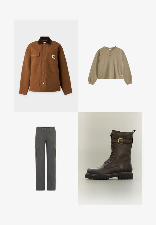 Brun jakke med knapper, mørkraver, fire forlommer og et Carhartt-logo på den øverste højre brystlomme.; Langærmet beige waffle-strikket henley-shirt med tre knapper foran og ribkanter, vist på hvid baggrund.; Cargo bukser i mørkegrå bomuld med lige skæring. Har to sidelommer og en polyesterknaplukning. Holdbart stof med let struktur.; Mørkebrun læderkampstøvle med tyk gummisål, frontsnørebånd, ankelrem og guldsnaps på neutral baggrund.