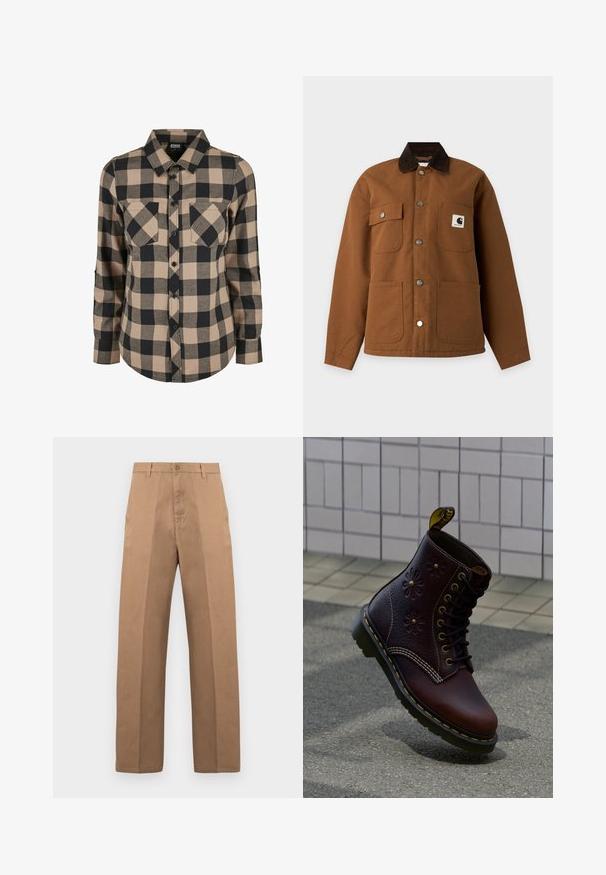 Veste marron à boutons avec col foncé, quatre poches avant et un logo Carhartt sur la poche poitrine supérieure droite.; Chemise à carreaux noire et beige avec des manches longues, boutonnière à l'avant, deux poches poitrine et un ourlet arrondi. Fabriquée en tissu doux.; Pantalon en coton marron avec une coupe à jambe droite, doté d'une fermeture par bouton, de passants pour ceinture, et de coutures minimales pour un look épuré.; Botte en cuir brun foncé avec embossage floral et coutures jaunes, positionnée debout sur un pavé texturé avec un mur carrelé en arrière-plan.