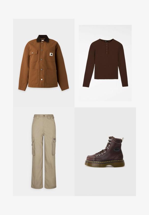 Hnedá bunda na gombíky s tmavým golierom, štyrmi prednými vreckami a logom Carhartt na pravom hornom vrecku na hrudi.; Hnedá dlhá košeľa z rebrovaného materiálu, s okrúhlym výstrihom, zapínaním na päť gombíkov a rovný lem.; Bežové cargo nohavice vyrobené z odolného materiálu, s voľným strihom, viacerými bočnými vreckami a elastickým pásom s gombíkovým zapínaním.; Hnedá kožená členková obuv s textúrovaným povrchom, striebornými očkami a žltým prešívaním. Má masívnu priehľadnú podrážku a pútko na vytiahnutie.