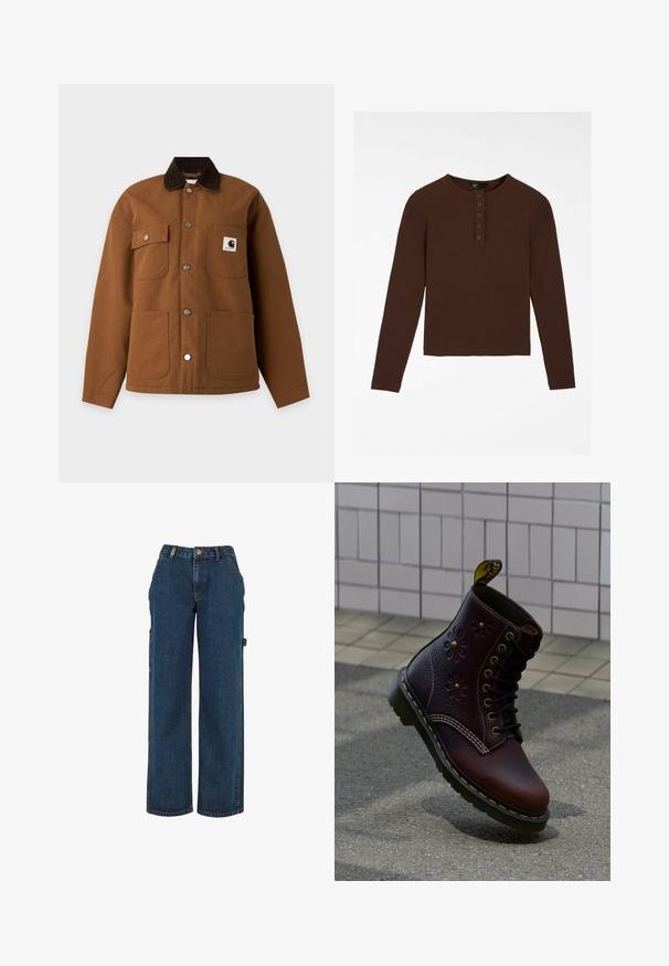 Chaqueta marrón abotonada con cuello oscuro, cuatro bolsillos delanteros y un logo de Carhartt en el bolsillo superior derecho del pecho.; Camiseta marrón de manga larga hecha de material acanalado, con cuello redondo, tapeta con cinco botones y dobladillo recto.; Pantalones cargo de mezclilla azul oscuro con cintura alta, diseño de pierna ancha y bolsillos laterales. Presentan costuras visibles y detalles de herrajes metálicos.; Bota de cuero marrón oscuro con grabado floral y costuras amarillas, colocada verticalmente sobre un pavimento texturizado con fondo de pared de azulejos.
