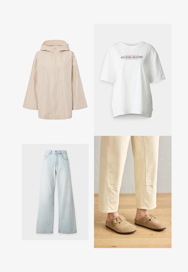 Beige regnjakke med hætte, frontlynlås og to sidelommer, designet til en løs pasform og letvægts vejrbeskyttelse.; Hvid bomulds T-shirt med rund halsudskæring, korte ærmer og en afslappet pasform. Har sort og rød "GUESS JEANS" logo tekst på fronten.; Lyseblå højhåndede vidde jeans med forreste knap og lynlås, forlommer og bæltestropper på hvid baggrund.; Tan ruskinds-sandaler med en bred strop og gyldent spænde, tekstureret overflade og brun gummisål; båret med løse elfenbenfarvede tapered bukser.