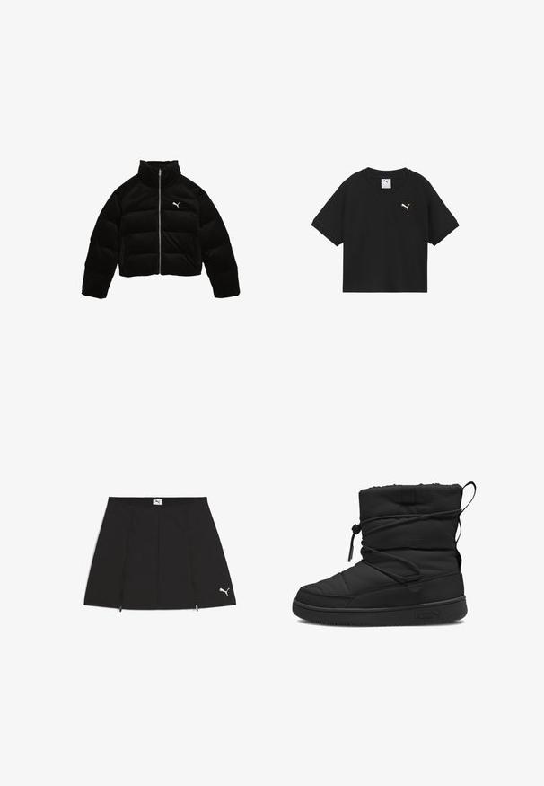 Sort corduroy pufferjakke med høj krave, fuld frontlynlås og hvidt logo på brystet. Har quiltet polstring.; Sort kortærmet V-udskæring Puma T-shirt med hvidt Puma-logo på venstre bryst og en synlig mærkat inde i halsudskæringen.; Sort atletisk nederdel med en svingende design, lavet af glat stof. Den har frontlommer med lynlås og et hvidt Puma-logo i nederste højre hjørne.; Sort isoleret støvle med en kviltet struktur, elastisk snøre lukning, polstret kant og en gummisål med et minimalistisk logo.
