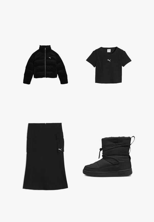 Sort corduroy pufferjakke med høj krave, fuld frontlynlås og hvidt logo på brystet. Har quiltet polstring.; Sort kortærmet ribbet crop top med rund halsudskæring og hvid Puma-logo midt på brystet.; Sort nederdel til knæet med cargolommer på begge sider og et lille hvidt Puma-logo på højre lommeflap.; Sort isoleret støvle med en kviltet struktur, elastisk snøre lukning, polstret kant og en gummisål med et minimalistisk logo.